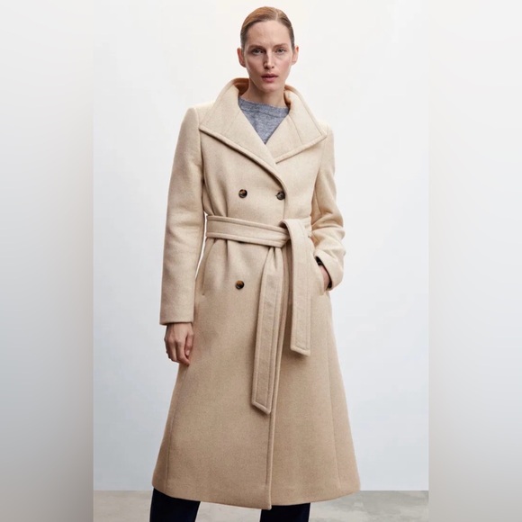 Mango Menteco Wool Blend Double Breasted Tailored Classic Tan Belted Coat - Picture 2 of 11